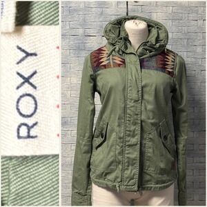 Roxy Womens XS Olive Green Aztec Pattern Hooded Utility Jacket Boho